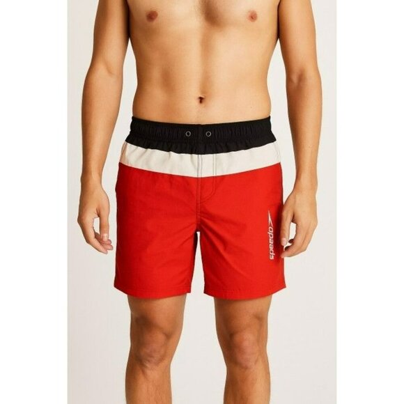 Speedo Men’s Swim Trunks Size Small Red White Navy Colorblock Board Shorts - Picture 1 of 7